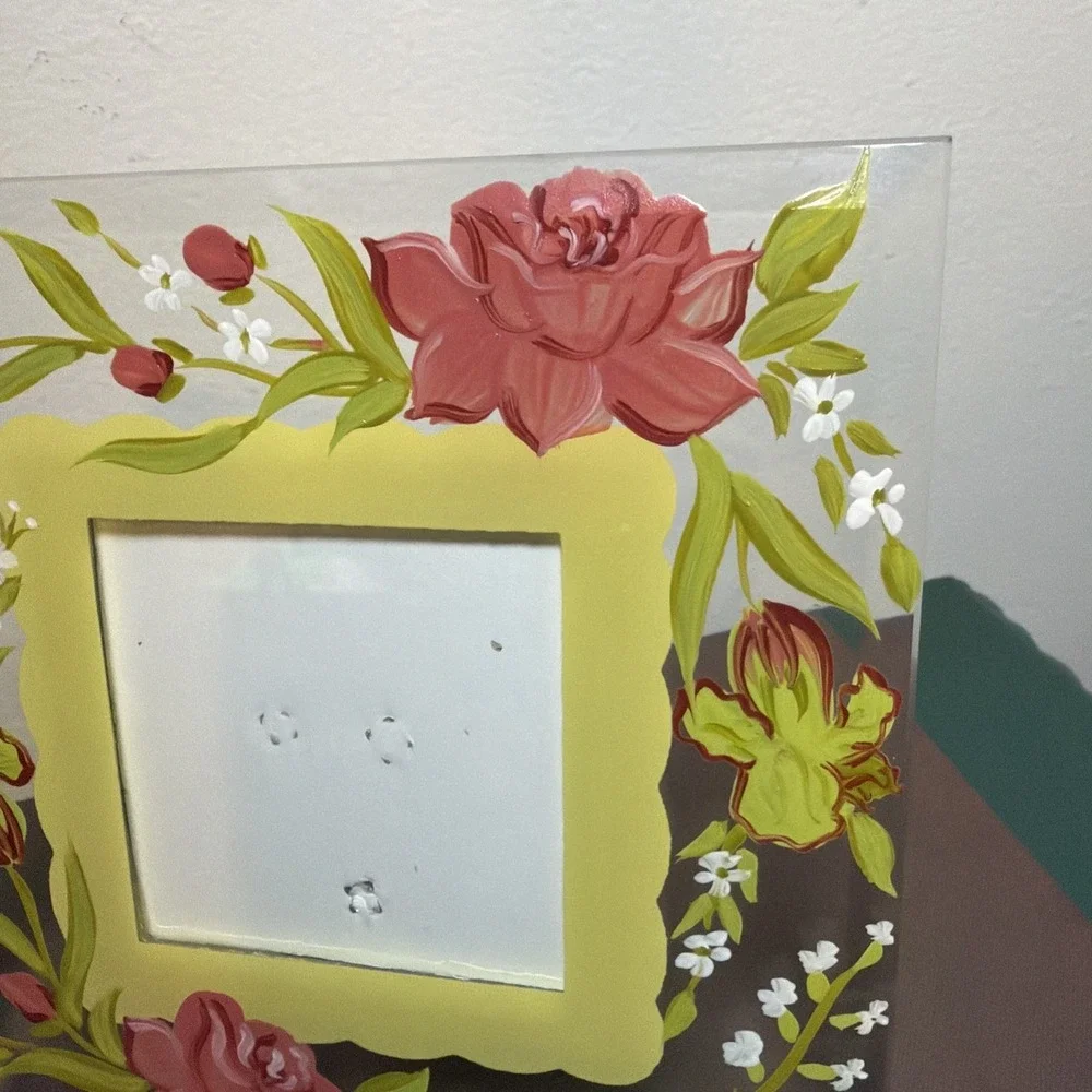 Hand Painted Mackenzie Childs Style Pink Floral Glass Table Top Picture Frame